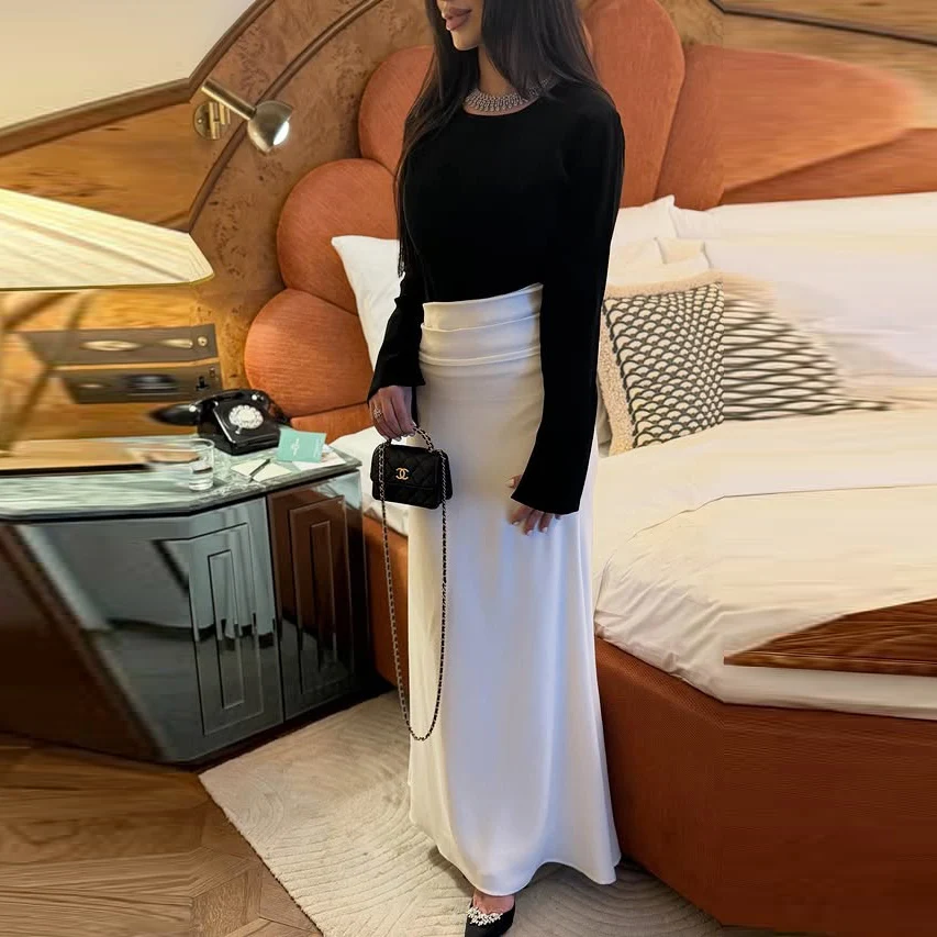 

Elegant White Satin Long Skirt High Waist With Zipper Pencil Skirt Women Formal Wear To Party Custom Color Size Long Skirts