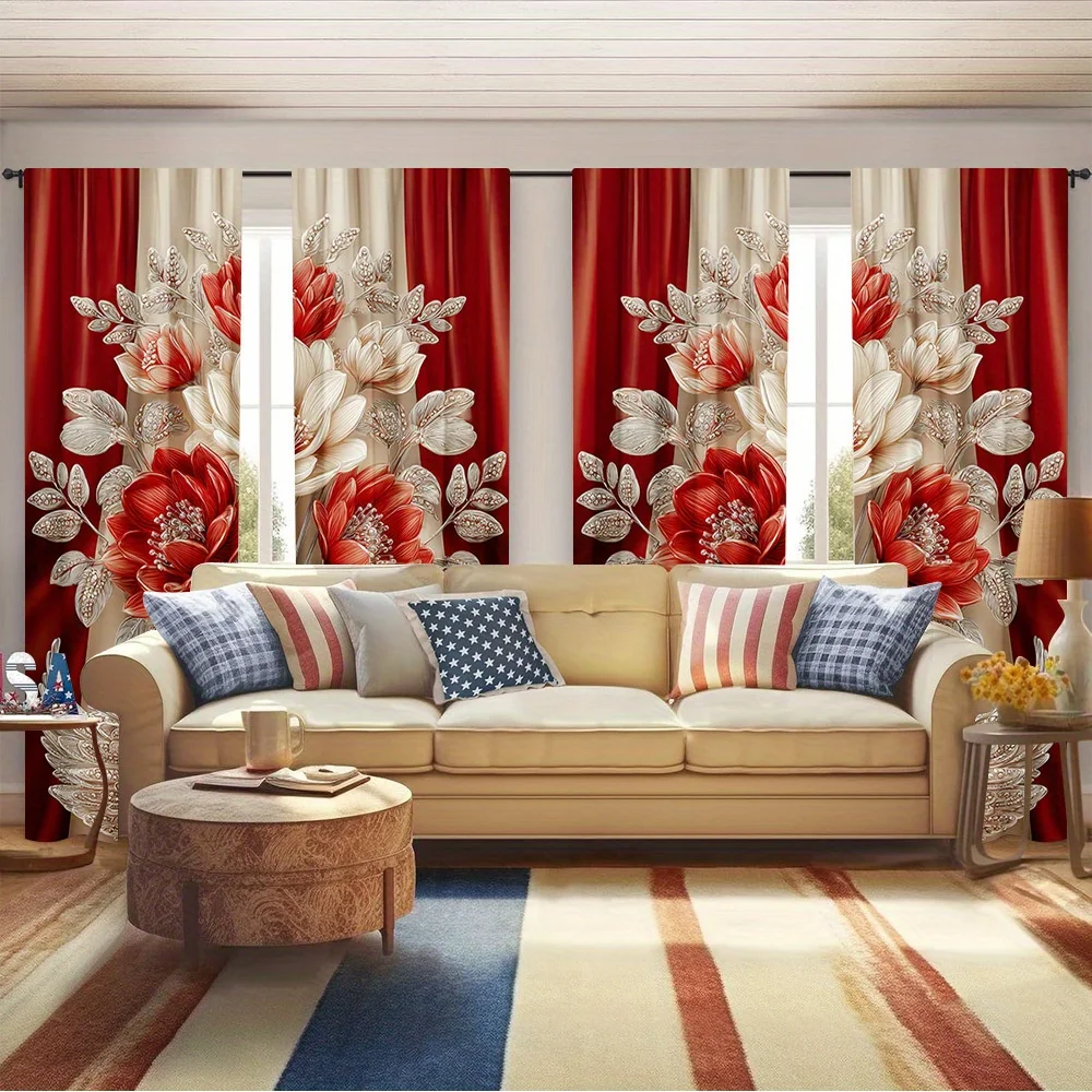 2pcs Elegant Swan & Floral Curtains with Rod Pocket – for Bedroom, Office & Living Room Decor