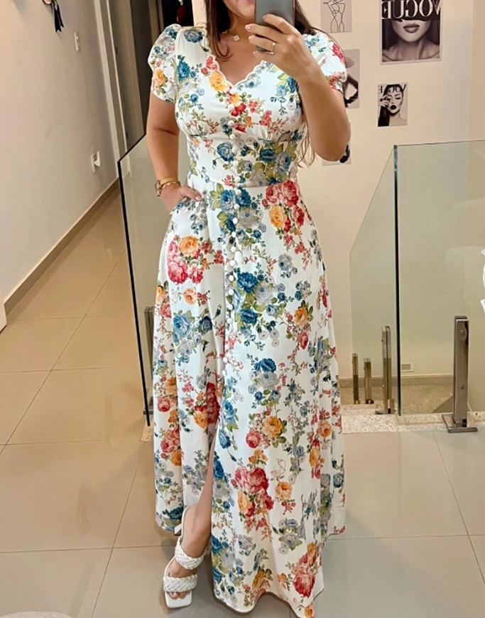 

Floral Print V Neck Puff Sleeve A-Line Maxi Dress for Women Novelty Woman Dress 2025 Elegant Midi Women's Dress