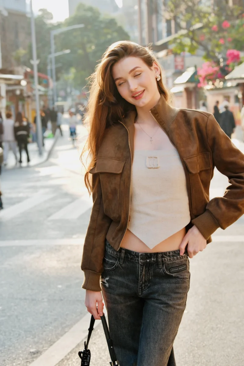 ETJ 2026 Damen Kunstwildlederjacke, kurze Fliegerjacke mit geripptem Saum, Cargotaschen, Reißverschluss, Stehkragen, Vintage-Herbstjacke – Detail 4