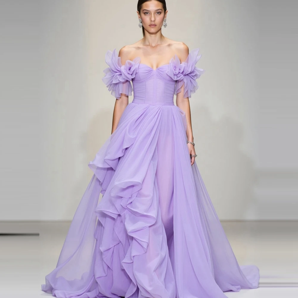 Off Shoulder Chiffon Evening Gown Fashion Ruffles Mesh Long A-Line Formal Prom Dress With Train Romantic Princess Party Dress
