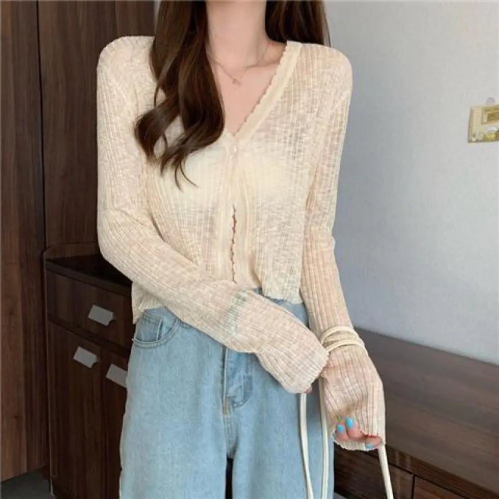 Comfortable Lace Long Sleeve Cardigan V-neck See Through Sun Protection Tops Solid Hollow Out Slim Crochet Cardigan Holiday