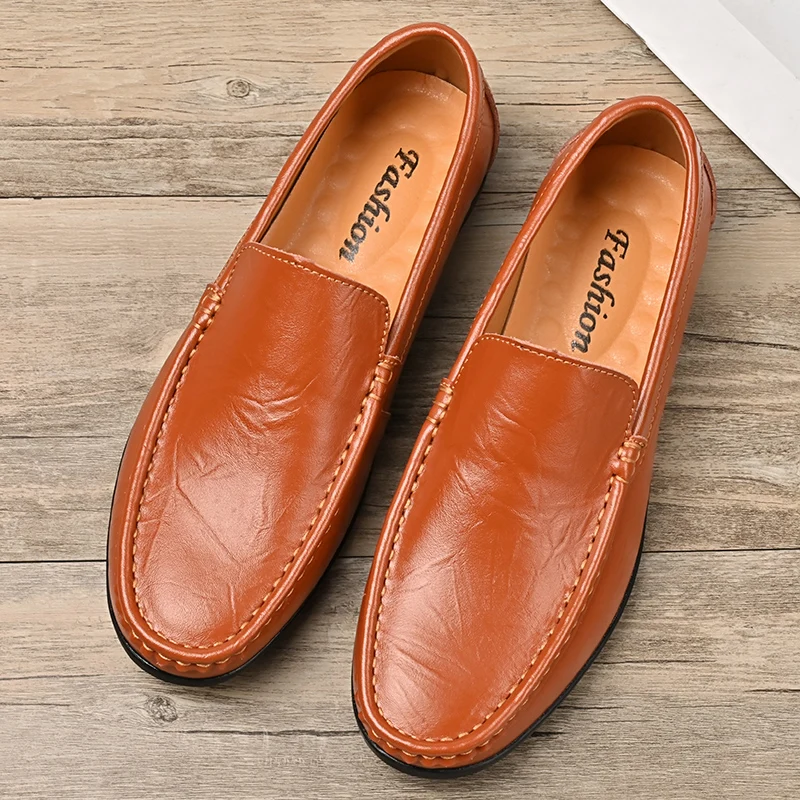 Men Loafers Shoes Genuine Leather Solid Color Flat Bottomed Daily Shallow Mouth Business Formal Men Shoes Large Size 38-47