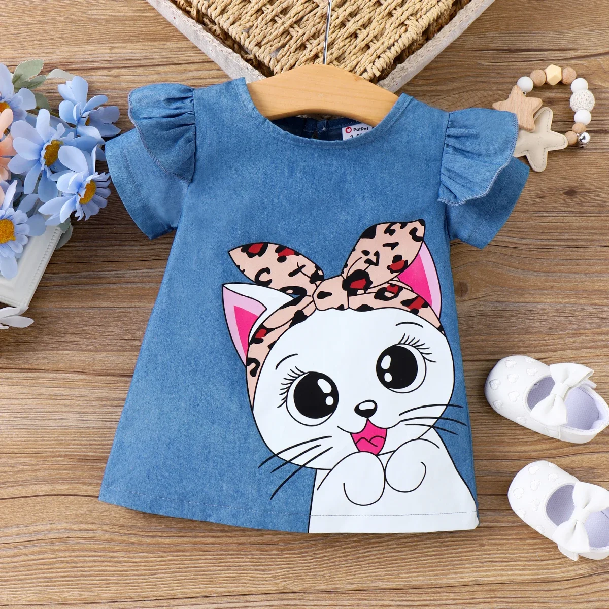 PatPat Baby Girl Cute Cat Print Ruffled Short-sleeve Dress Soft and Comfortable  Perfect for Outings and Daily Wear