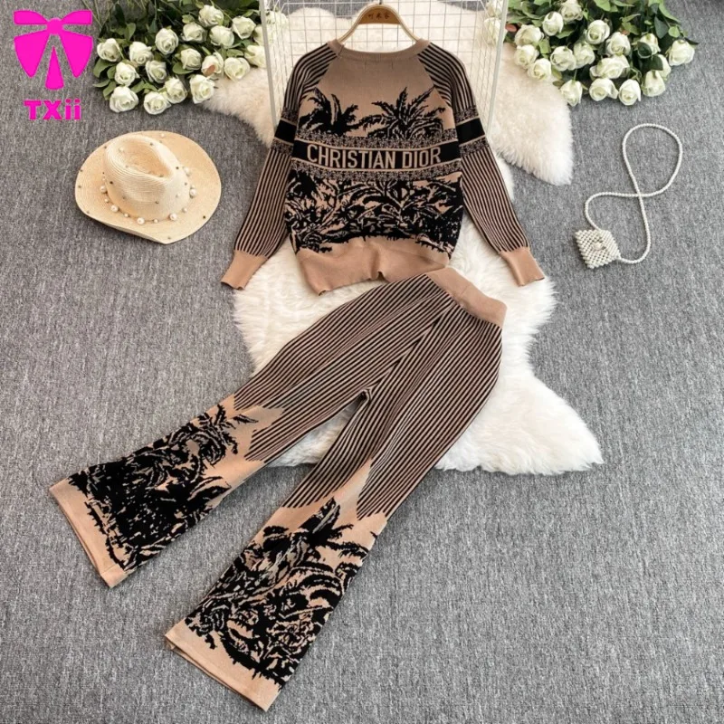 Autumn and Winter New Artistic Atmosphere Knitted Printed Set Women\'s Round Neck Top+High Waist Wide Leg Pants Two Piece Set