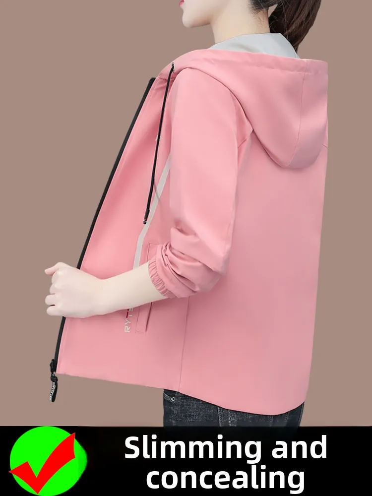 

Double-Sided Wear ort Women's Jaet Autumn Spring Faionable Mom Coat Polyester Fiber Zipper Closure Long Sve Hooded