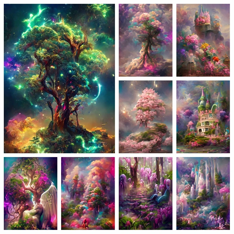 Tree Of Life Fairy Village Scenery Diamond Painting Mosaic Art Pink Flower Castle Landscape Cross Stitch Manual Gift Home Decor