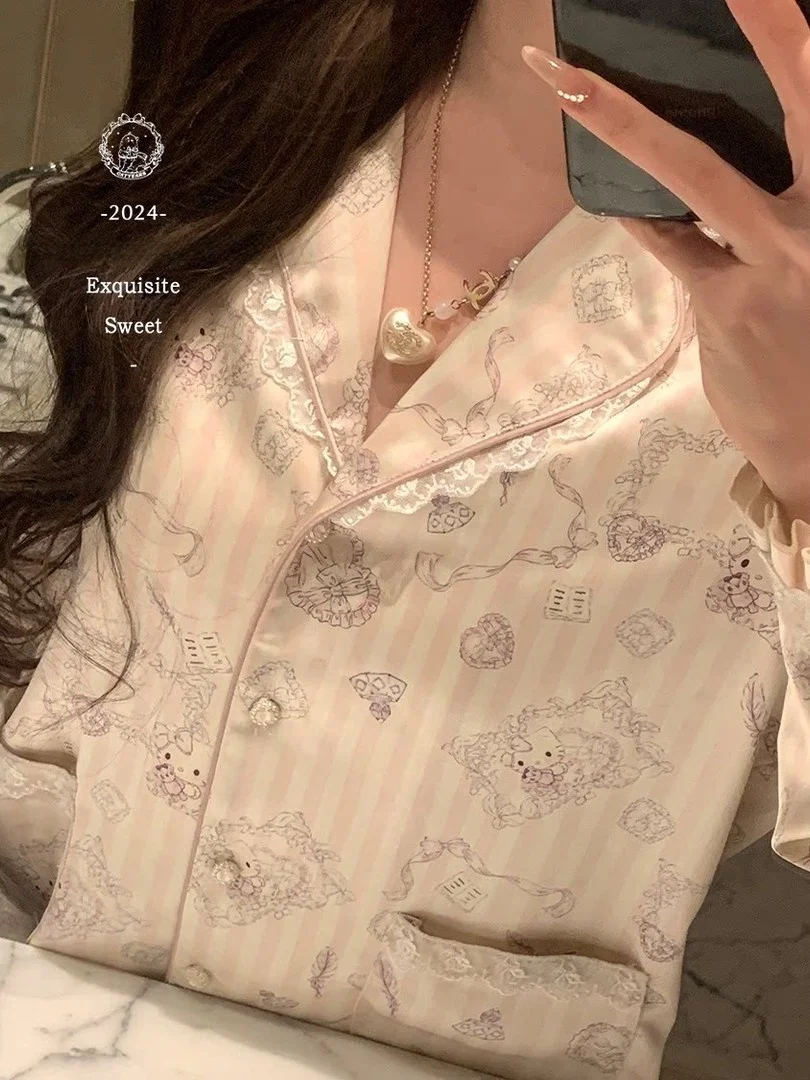 Sweet Style Women's Sleepwear 2026 New Ice Silk Satin Lace Trimmed Long Sleeve Pants Home Clothes Summer Spring Autumn