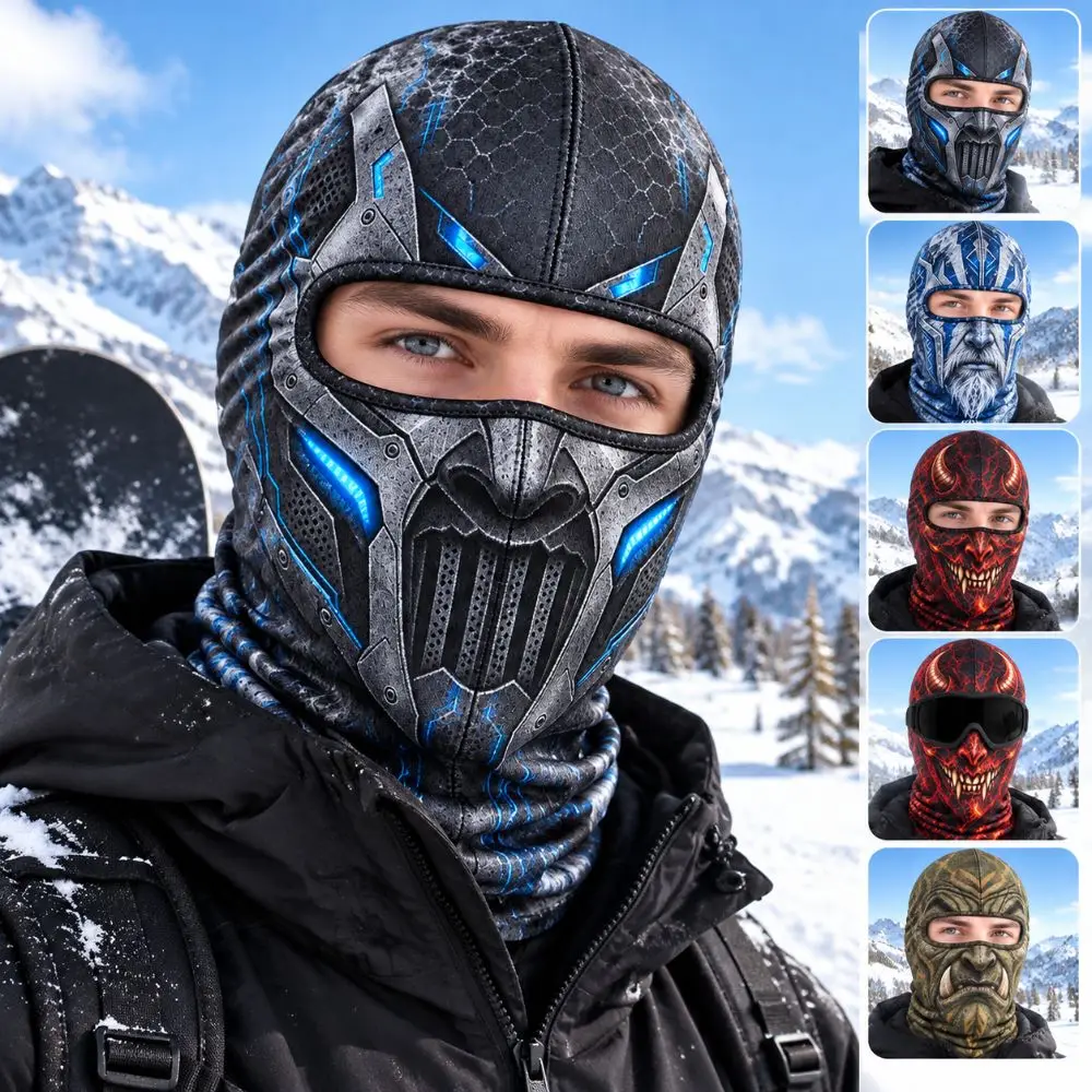 3D Printed Skull Demon Print Funny Ski Mask Breathable Eye Hole Quick Dry Ski Mask Hood Full Coverage Sweat Absorbent
