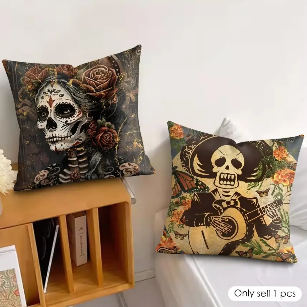 Day Of The Dead Skull Cushion Cover Silky Short Plush Invisible Zipper Dustproof Sofa Pillow Case For Home Decor