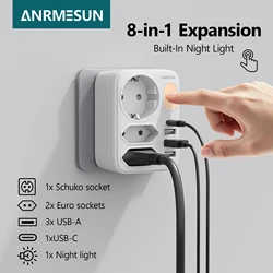 ANRMESUN Power Strip EU Plug AC Outlets Multitap Socket Extension Wall Plug With USB Type C PD Fast Charging Adapter