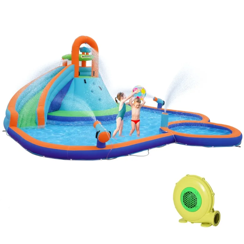 Castello di salto del parco acquatico della casa di rimbalzo 4 in 1 con piscina d'acqua, scivolo, pareti rampicanti e 2 scaglie d'acqua, ventilatore d'aria da 450 W