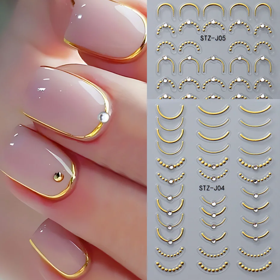 Französische Linie mit Strass Nail Art Aufkleber Streifen Welle Metallic Relief Kurve japanisches Design Nail Art Aufkleber Maniküre Dekor