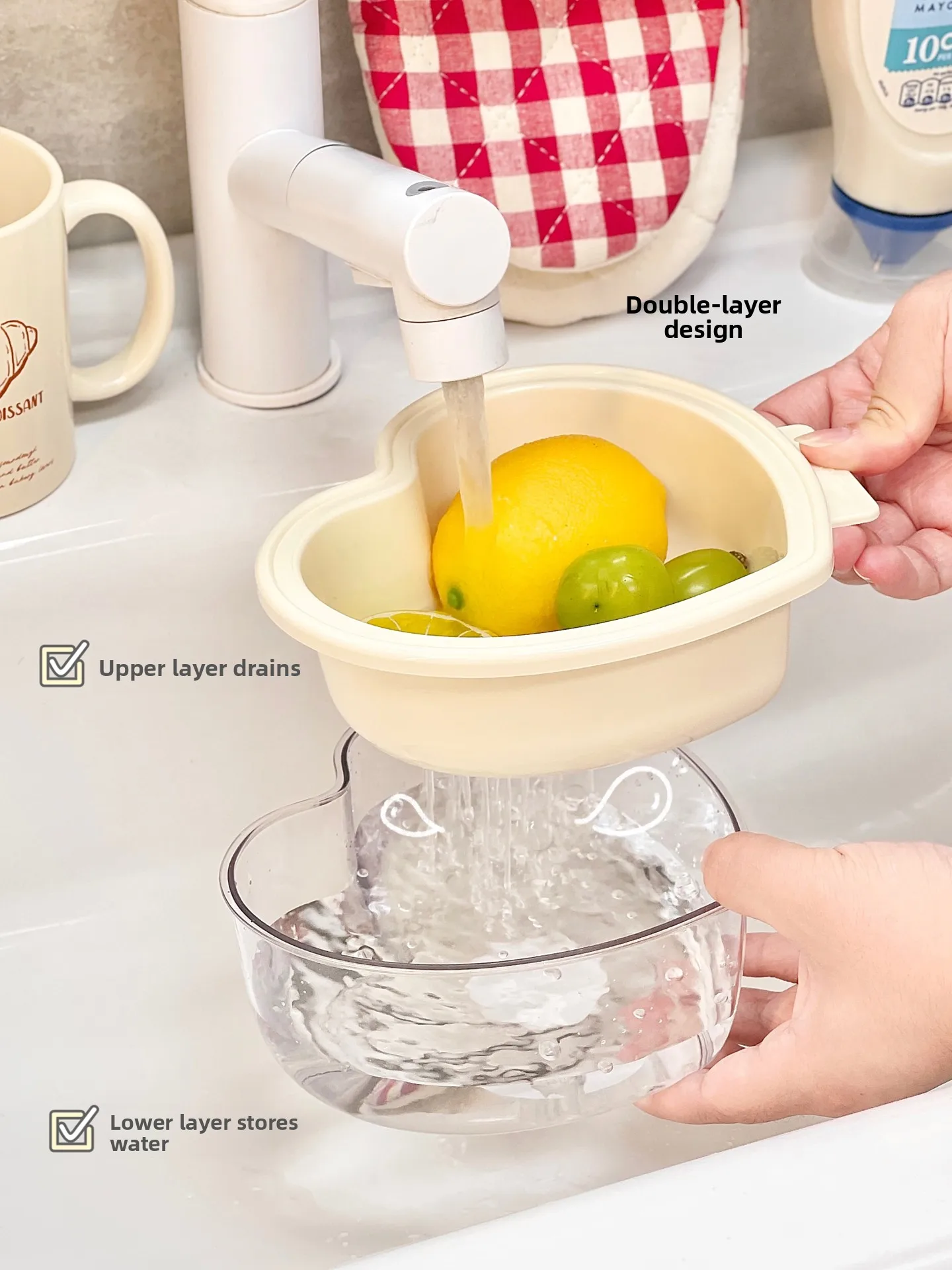Double Layer Kitchen Drain Basket Fruit Vegetable Washing Basin Women's Style Plastic Macaron Colored Drain Basket - view 2