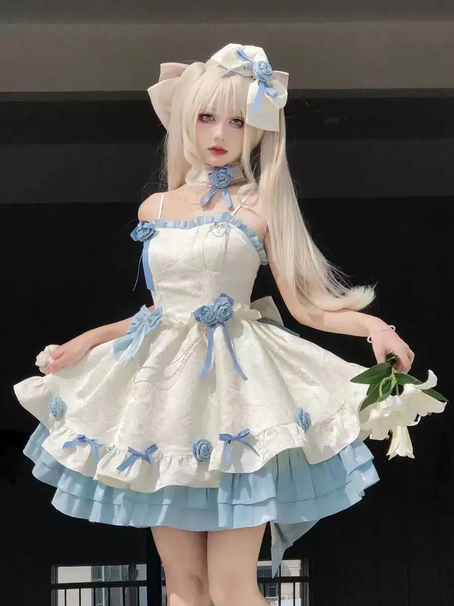 Japan Fashion Japanese Women Dress Lolita Sling Gemini Blue Princess Dark Gothic Sling Vestidos