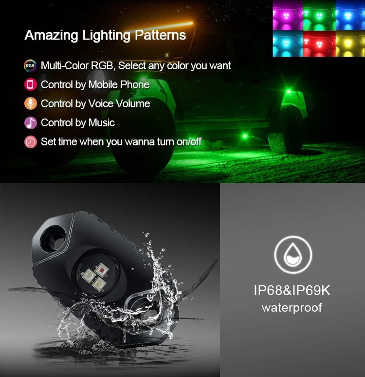 New6 PCS RGB Light IP69K Waterproof AURORA Decoration of Truck Led Light Factory Rgb Rock Light