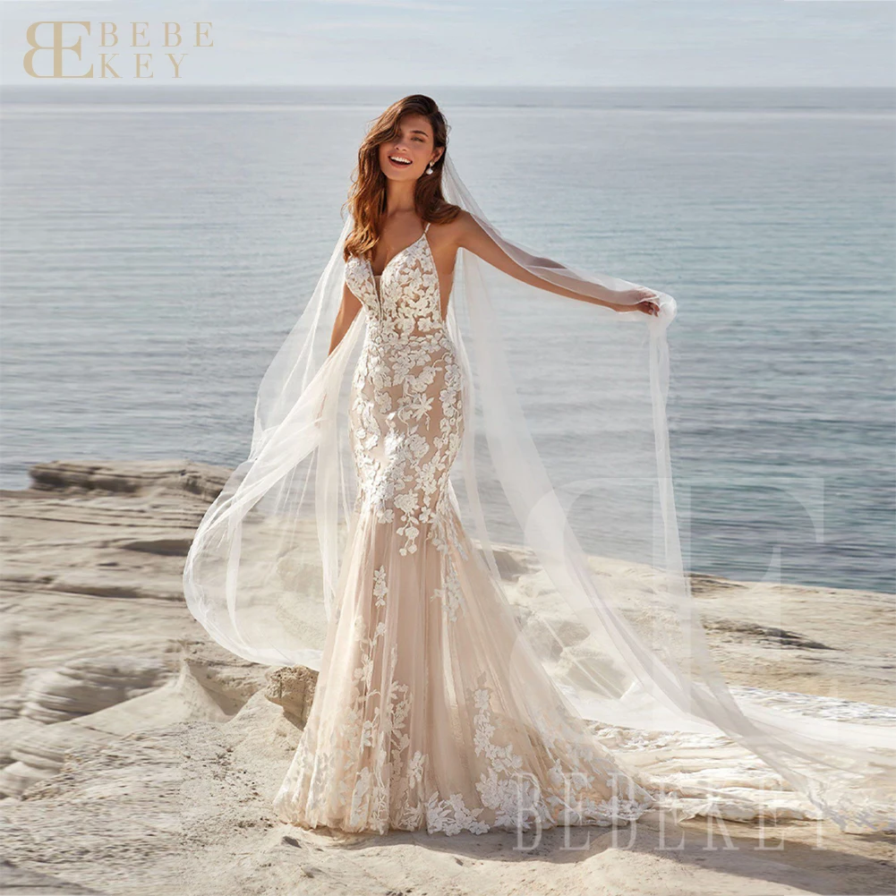 BEBEKEY Robe de mariée de luxe personnalisée bretelles Spaghetti Robe de soirée de mariage sirène dos nu robes de mariée robes formelles Robe