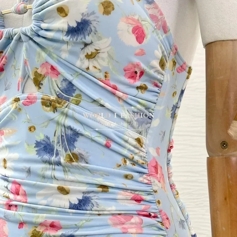 

High Quality Beach Style 2025 New Blue Floral Print Halter Pleat Backless Swimwear for Holiday