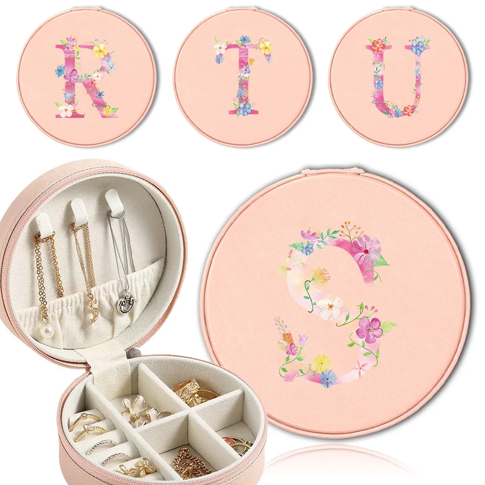 

Women Jewelry Storage Case Jewellery Organizer Box Ring Earring Necklace PU Display With Sturdy Zipper Pink Letter Pattern