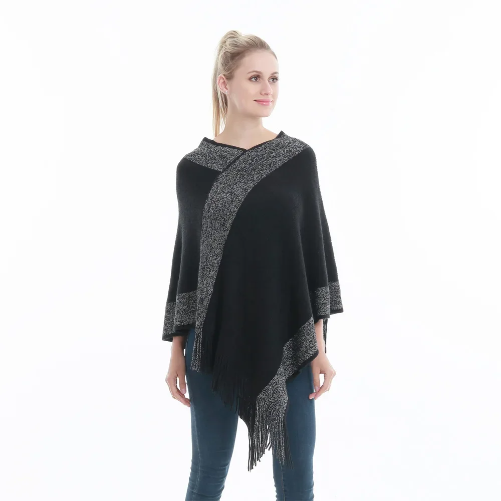 

Популярное повседневное женское пончо 2022, вязаный шарф и накидки, однотонный свитер, теплые свитера с кисточками, пончо с рукавами «летучая мышь»