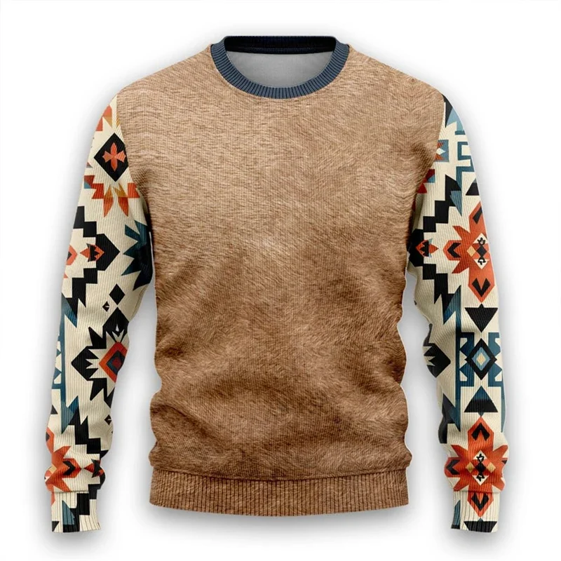 Suéter de Navidad feo con estampado 3D Tribal Vintage para mujer, suéter divertido azteca para hombre, sudadera de cuello redondo para vacaciones de Navidad, Tops Unisex