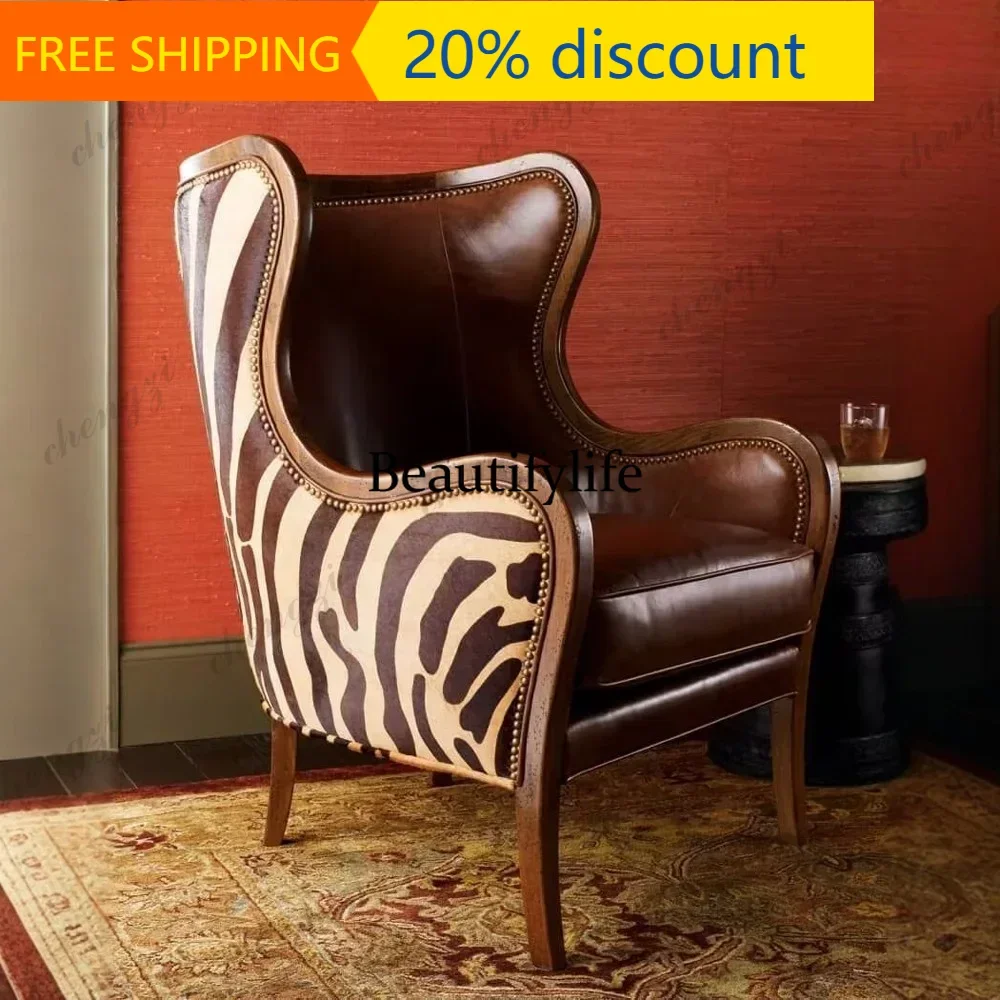 132 American retro zebra print velvet with genuine leather high back single sofa chair with rivets and solid wood leisure chair