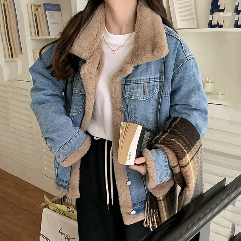 Add Velvet Padded Warm Denim Jacket Female 2026 New Winter Long Sleeve Short Coat Lamb Cashmere Cotton-padded Jacket Female