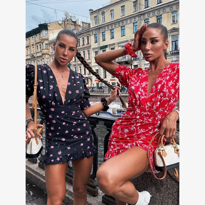 Chic Printed Slim Fit Mini Dress Women Elegant V-neck Puff Short Sleeves Waist Cinching Dresses 2026 Summer Lady Party Robes New