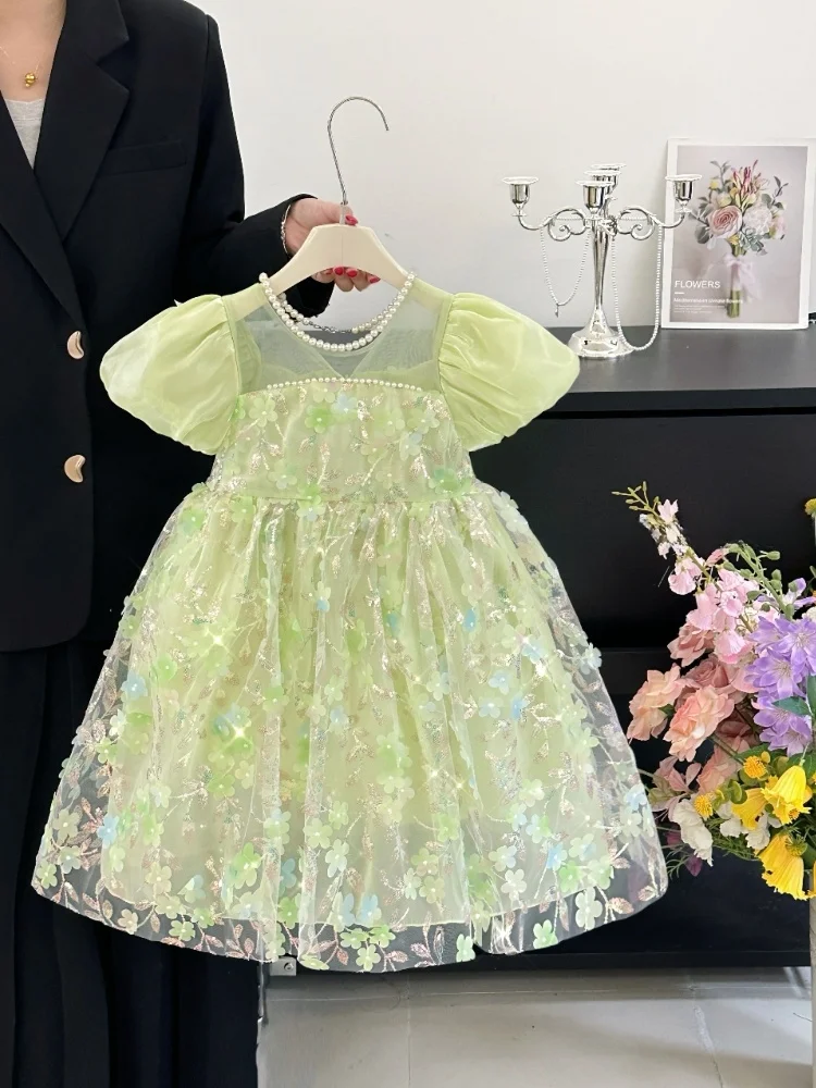 Letnia sukienka dla dziewczynek z motywem kwiatowym, bufiaste rękawki, spódniczka, moda dziecięca, wiązana.