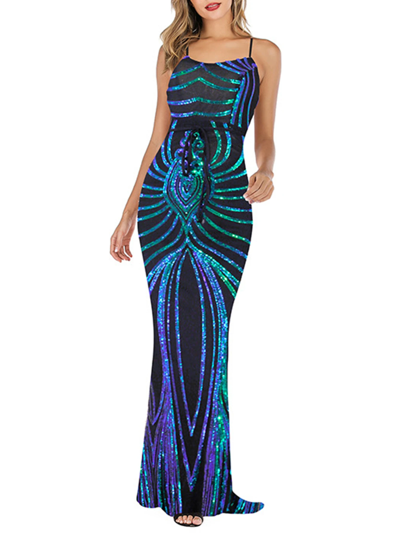 Abito da donna sexy senza schienale con lacci e paillettes, senza maniche, girocollo, con scollo a barchetta, abiti lunghi estivi