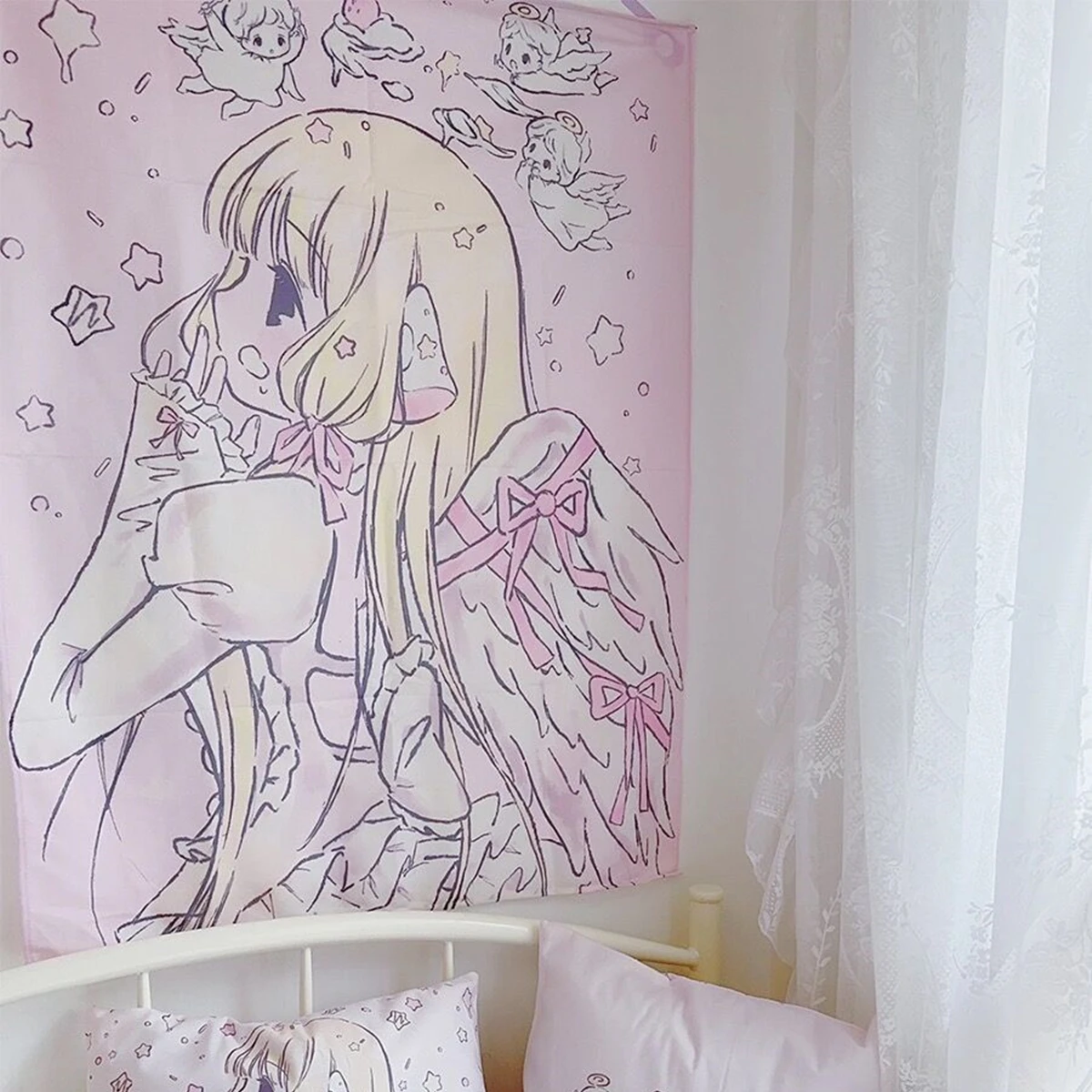 Tapeçaria de parede para decoração de casa, Kawaii Anime Pink Girl, fundo do quarto, bonito moda tapeçarias para senhora