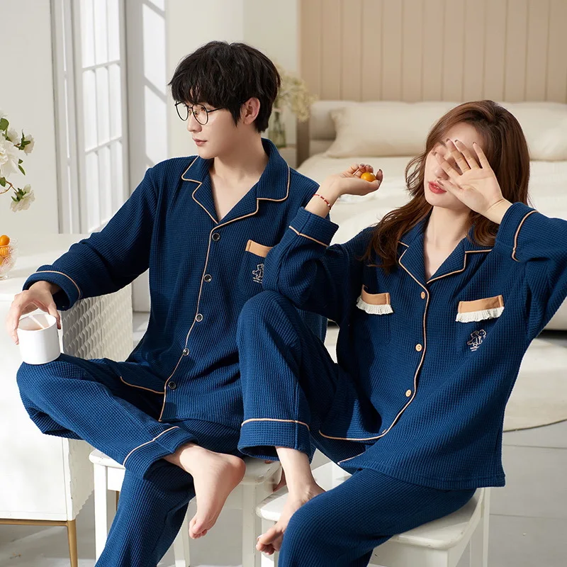 Autumn Winter Couple Men and Women Cotton Sleepwear Turn-down Collars Long Sleeve Pants Solid Nightwear Suit