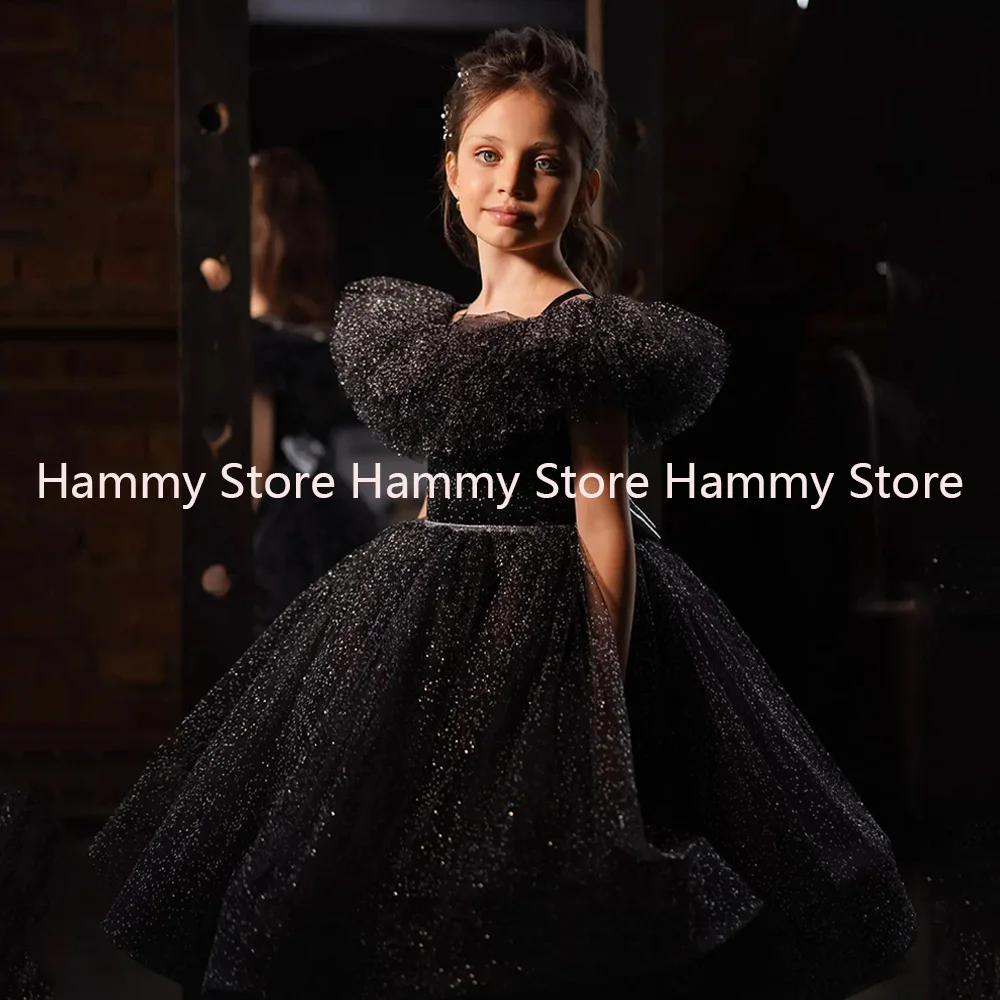 Cute Black Flower Girl Dress Off The Shoulder Tea Length Glitter Sequin First Communion Gown Sparkling Christmas Party Dresses