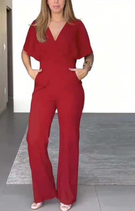 

Flutter Sleeve V Neck Waist Flared Jumpsuit Casual Pocket Design Ruched Romper Summer New Products Casual Daily Wear