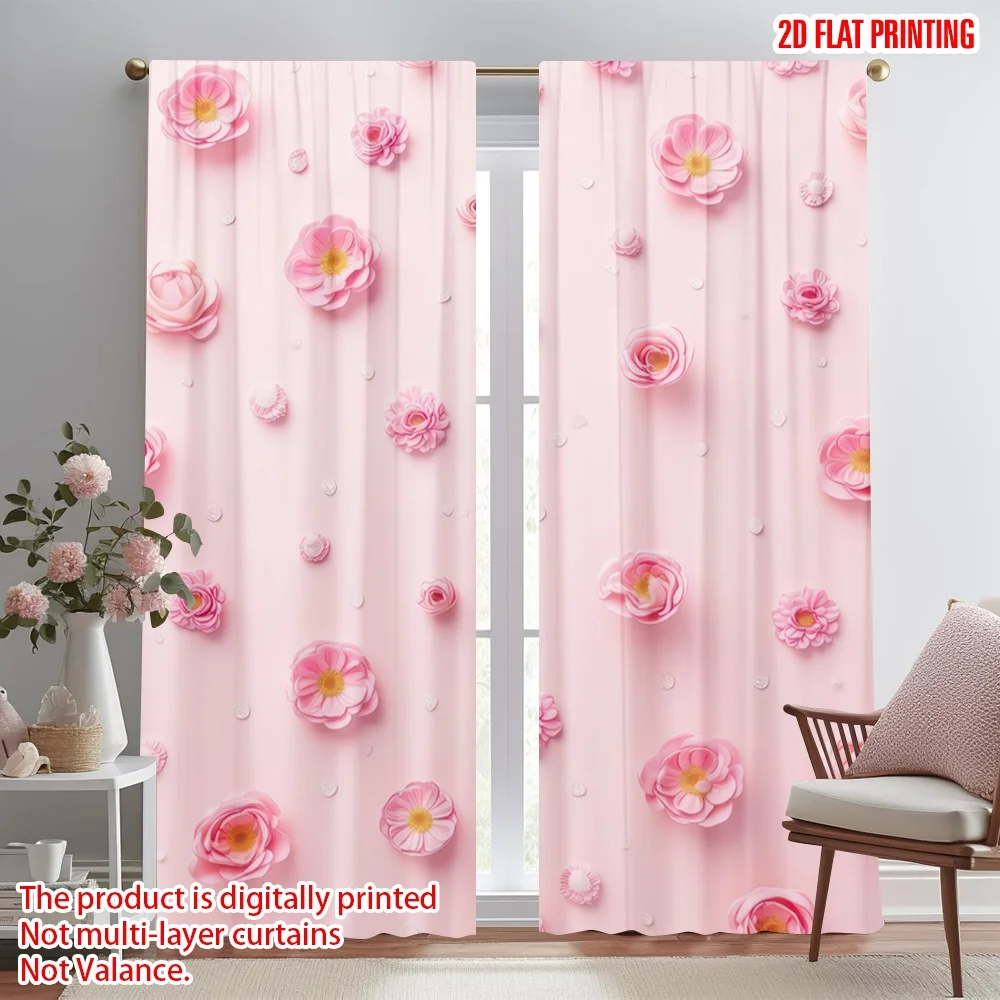 

2D flat printing 2pcs Window Treatment Curtains Valentine's Pink Flowers Digital Printed Polyester Drapes All Season Party &