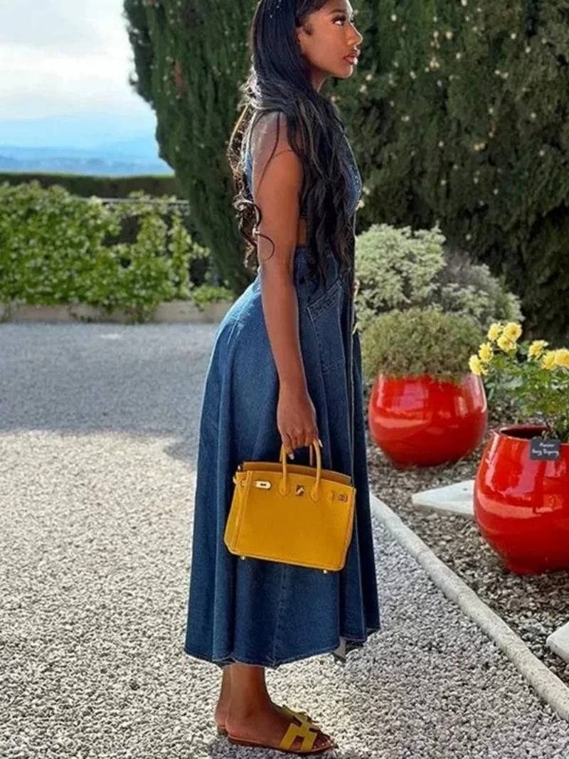 스트릿웨어 데님 드레스 여름 여성 의류 민소매 컷아웃 하이 슬릿 롱 드레스 이브닝 파티 클럽 청 드레스