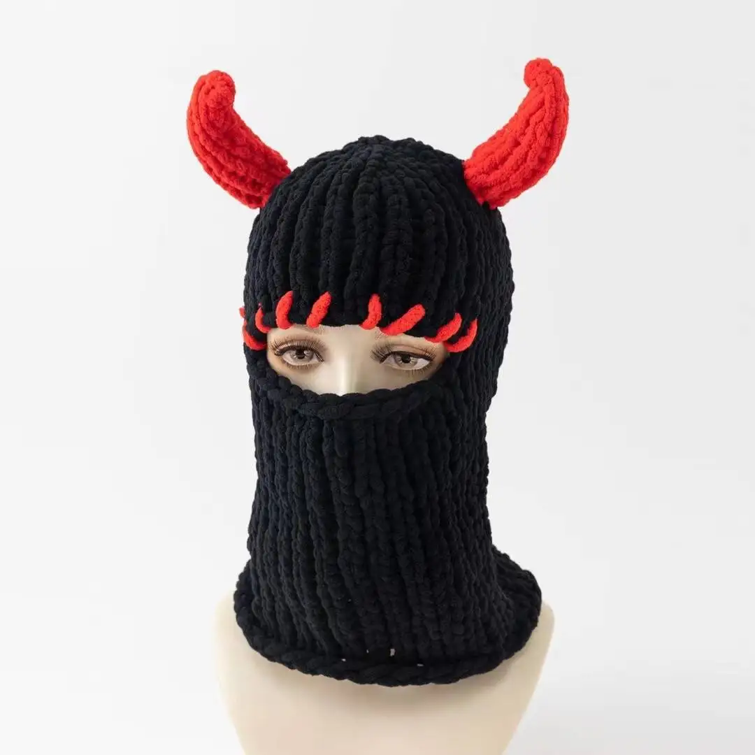 Y2K Long Rabbit Ear Funny Balaclava Hat Winter Thicken Warm Hand Made knitted Beanie Halloween Party Ski Mask Skullies Cap