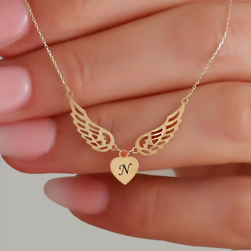 

Custom Personality Engraved 26 Letters Women Necklace Stainless Steel Angel Wings Heart Pendant Choker Jewelry Mother's Day Gift