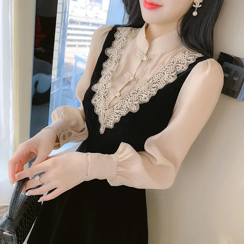 

Women Canary Velvet Dress 2022 Women's Spring New Standing Collar Disk buckle Dresses Women Socialite Vestidos 4XL