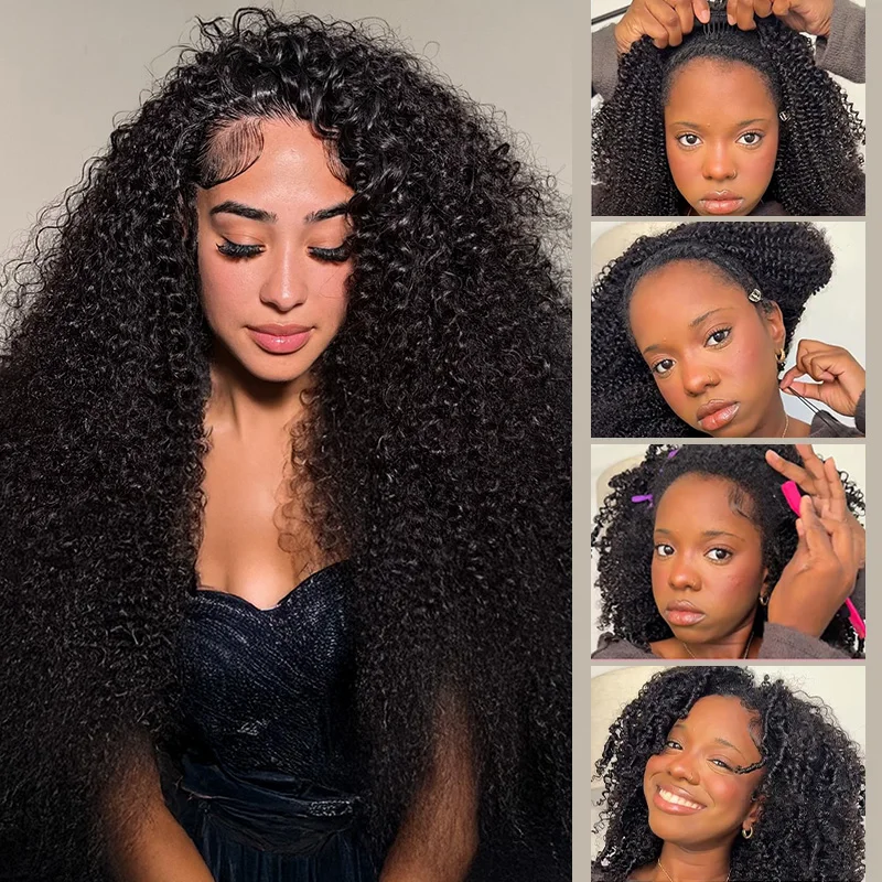 

Machine Made Flip Over Drawstring Wear and Go Glueless Curly Human Hair Afro Curly Wigs Kinky Curls Wig Half Wig Half Head Wig