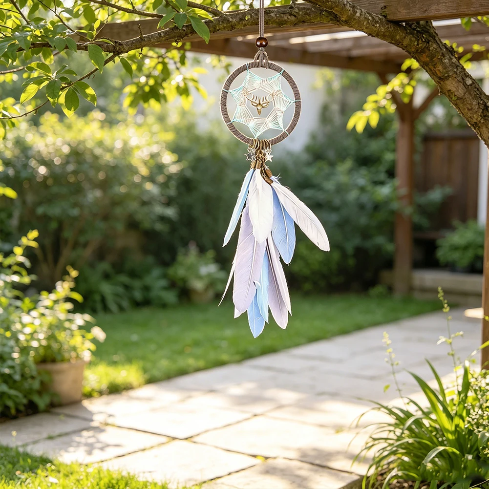 Mini Dream Catcher for Car Rearview Mirror Vintage Deer Head Feather Pendant Bohemia Suncatcher Wall Hanging Home Room Decor
