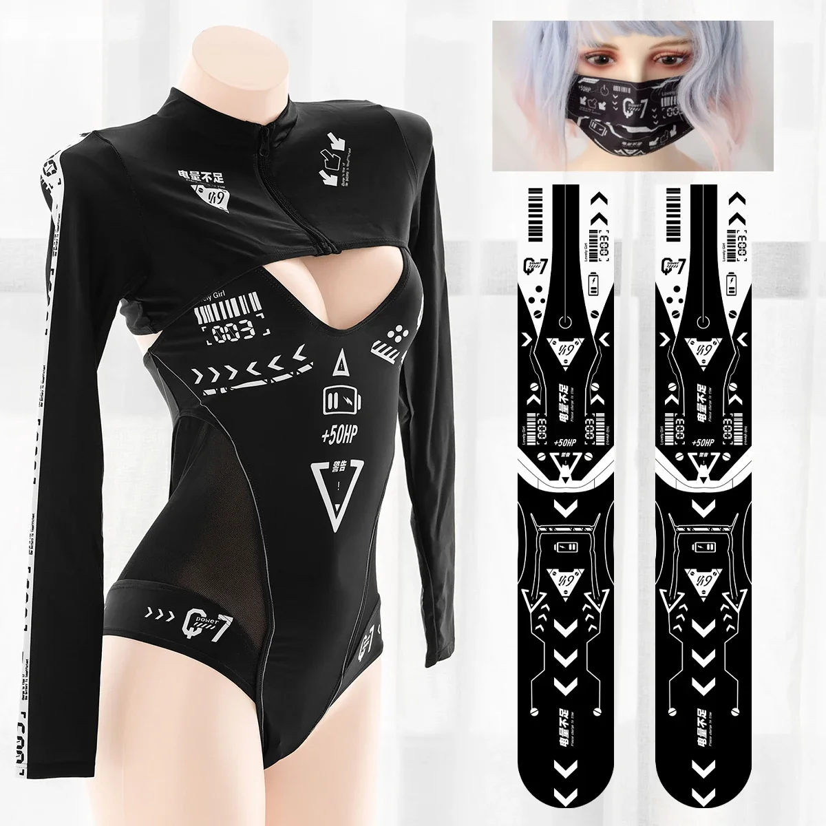 Punk Anime Girls Dark Cyber Mechanical Cat Kawaii Cosplay Sukumizu Women Costumes Swimwear Sport Bodysuit Stocking Lingerie Set