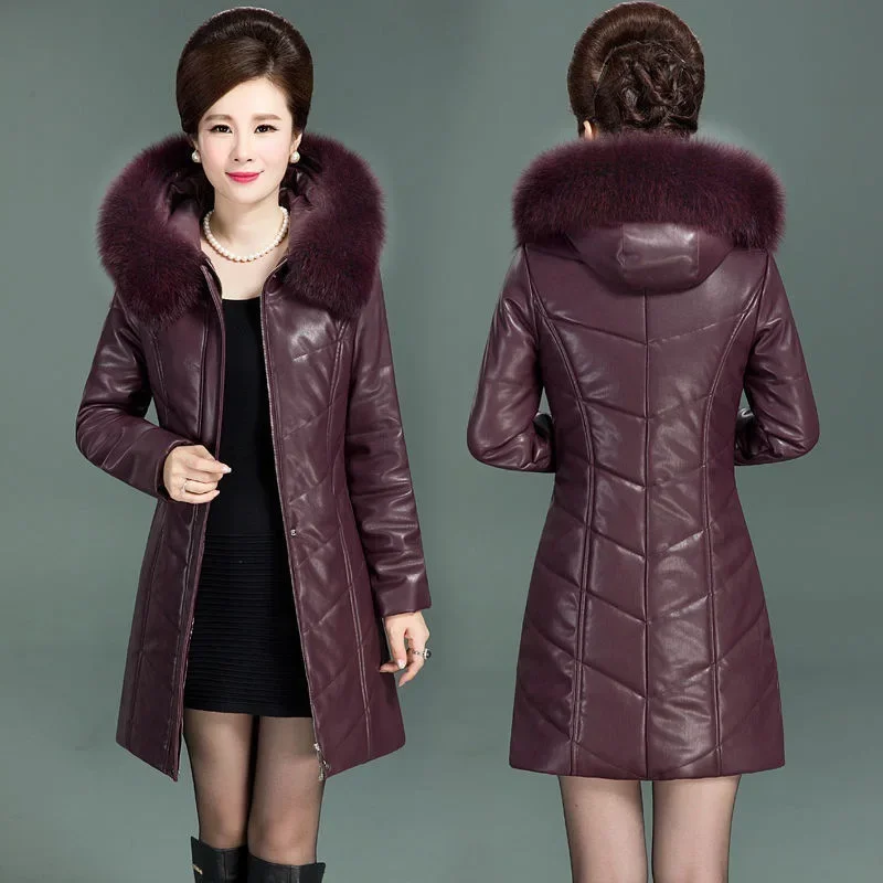 Veste en cuir PU pour femme, manteau d'hiver, fermeture éclair, col en fourrure, coton épais, chaud, à capuche, cuir PU, parkas pour femme d'âge moyen, E4866