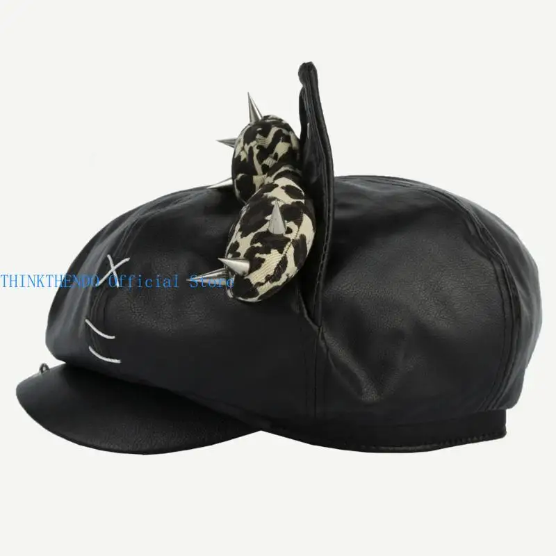 

652F Rivet Studded Hat for Lady Girl Fashion 2000s Octagonal Hat Driver Hat Girl Skull Caps All Matching Rocker Hat