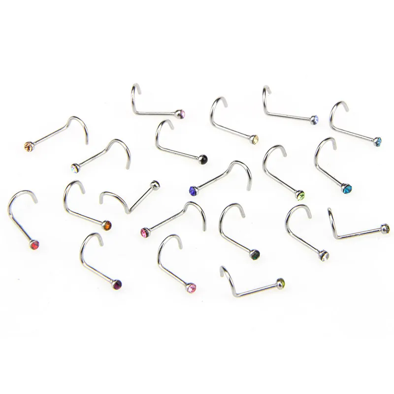 20 Stks/partij Roestvrij Staal Kristal Strass Neus Studs Haken Bar Pin Neusringen Body Piercing Sieraden Voor Vrouwen