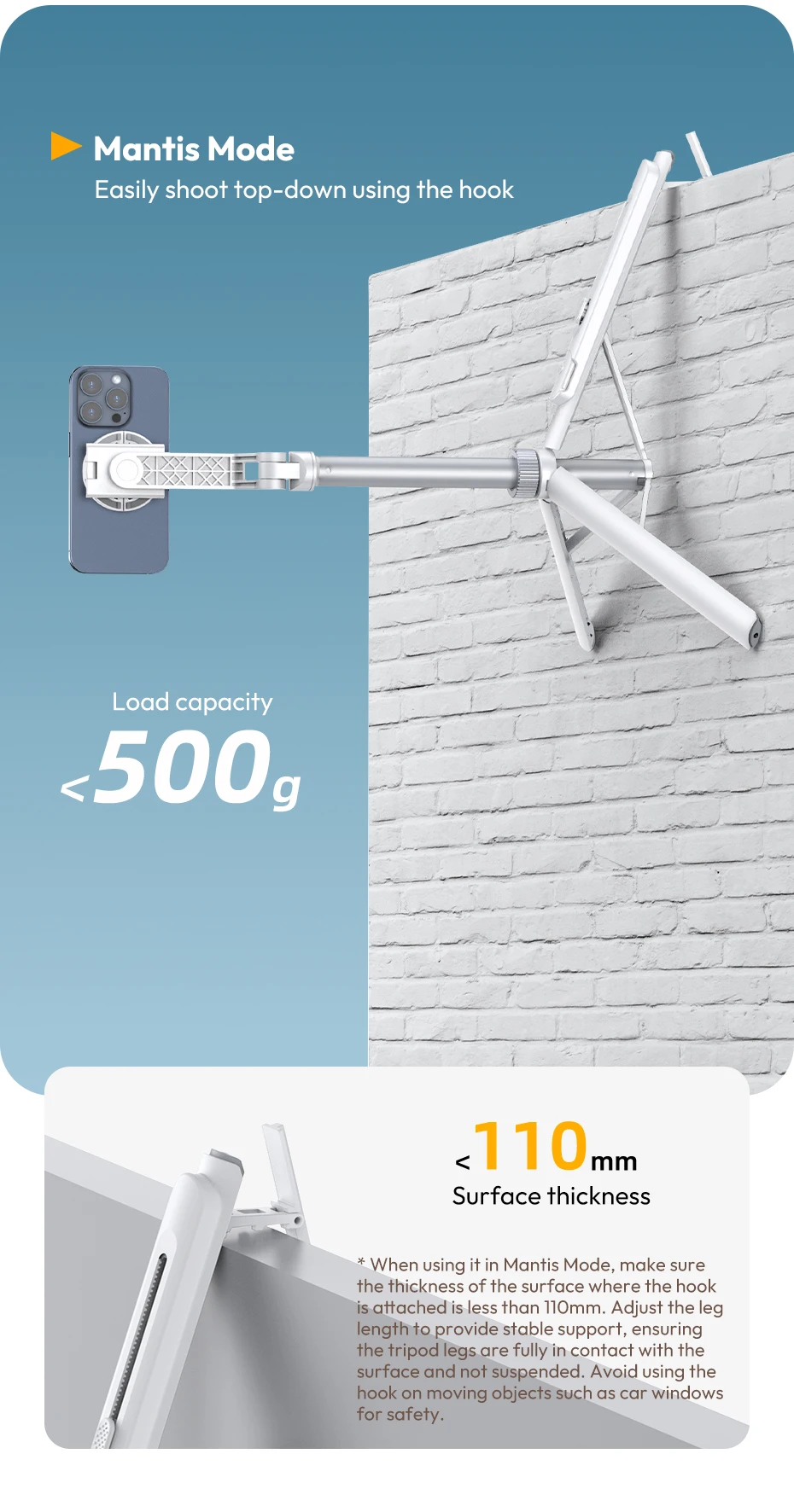 Ulanzi TT88 Overhead-Selfie-Stick 1,44 m mit MagSafe-Klemme, Fotografie-Stativ für Smartphone-Livestreaming und Vlogging mit Fernbedienung, Dual Cold Shoe, Fernbedienungslicht, Desktop-Aufnahme, Mantis-Halterung – Detail 9