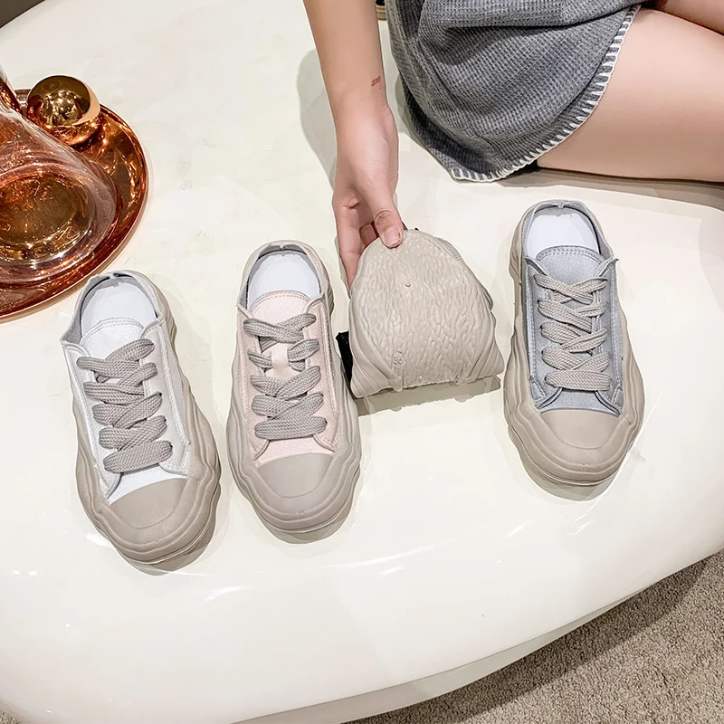 Spring Summer Breathable Sneakers Women Satin Casual Shoes Female Platform Lace Up Sports Shoes Ladies Dissolving Mules Flats