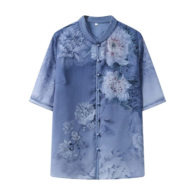 Blusa de chifón con cuello cheongsam para mujer, blusa informal de media manga con estampado de una sola botonadura para verano