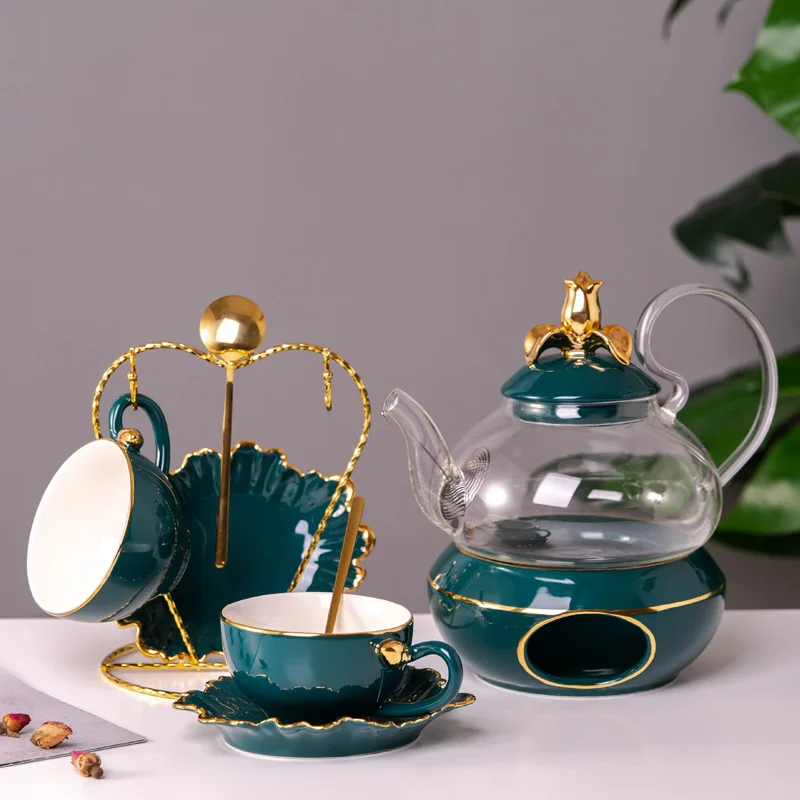 Full Drinkware Afternoon Tea Time Glass Teapot Elegant Coffee Tea Cup Set Royal Modern Ceramic Tea Set With Metal Holder