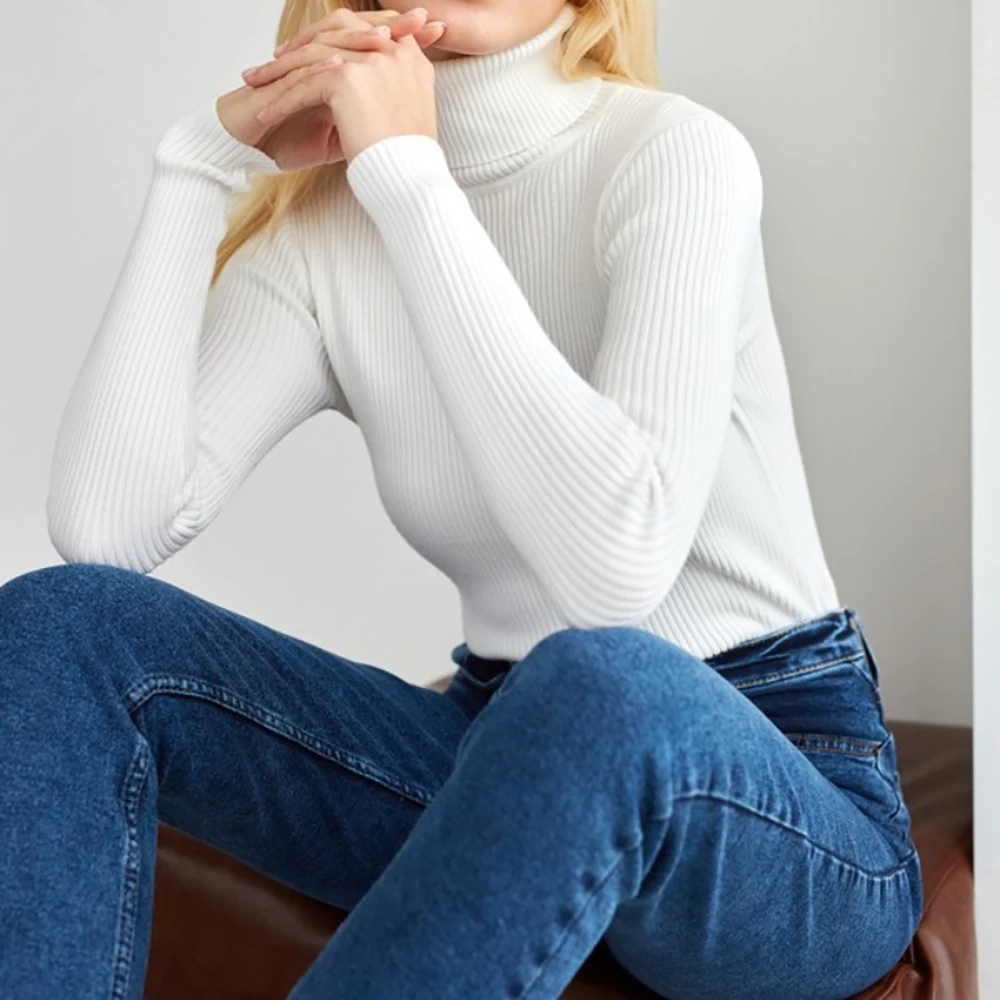 ZESSAM Solid Jacquard Knit Sweater Women Turtleneck Long Sleeve Slim Fit Female Pullover Casual Cozy Lady Top